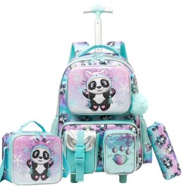 Imagem de Mochila infantil com rodas para escola, mochila com rodinhas para crianças, mochila com rodinhas para viagem com lancheira, Panda verde