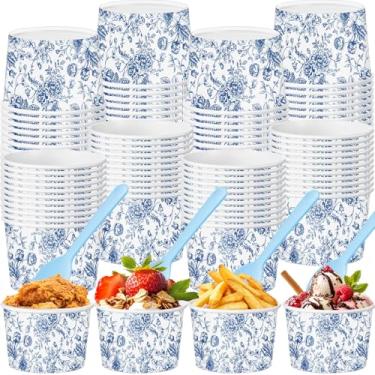Imagem de Honeydak Conjunto de 48 copos florais de sorvete de papel 255 g Copos descartáveis de lanche com colheres tigelas de sobremesa para Sundae Sopa de iogurte congelado aniversário chá de panela festa de