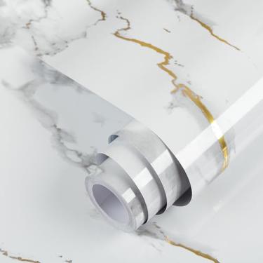 Imagem de practicalWs Papel de parede de mármore brilhante descasque e cole branco/dourado granito papel de parede removível para móveis de armário de bancada de cozinha 45 cm x 199 cm