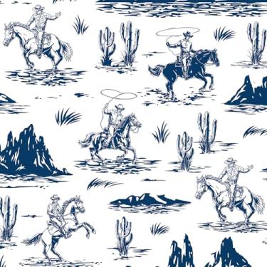 Imagem de Livelynine Papel de parede de 44,5 x 701 cm Western Cowboy Peel and Stick Vintage Country Farmhouse Papel de parede azul escuro e branco para banheiro quarto Wild West Cottage Core Cowgirl Mural Papel