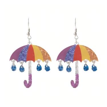 Imagem de Brincos pendentes de guarda-chuva arco-íris de acrílico colorido fofo com glitter azul pingente de gota para mulheres acessórios de fantasia para presente, Medium, Acrílico, Sem pedra preciosa