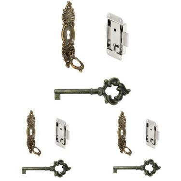 Imagem de Kit Com 3 fechadura Chave Antiga Puxador Embutir Armário Guarda Roupa 