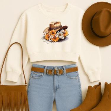 Imagem de Cropped Moletom Country Estampa Chapéu Florido Modinha Estilosa Gringa