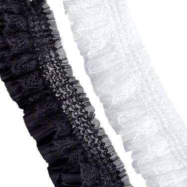 Imagem de AHANDMAKER 10 jardas lindo acabamento elástico de babados 2 camadas de fita de renda plissada com flores de 7,6 cm de largura borda elástica para costurar, faça você mesmo, blusa de punho estendida