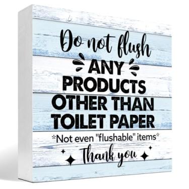 Imagem de Do Not Flush Any Products Other Than Toilet Paper Bathroom Wooden Box Sign, Funny Bathroom Wood Block Sign Desk Shelf Decor (Azul Branco)