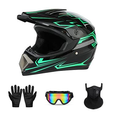 Imagem de PZ PEZE Capacete De Motocross, Off-Road, Quadriciclo, Motocicleta Juvenil, Unissex, Integral, Confortável E Leve, Com Certificação Segurança Fmvss-218, Conjunto 4 Peças (Green Arrow, Médio)