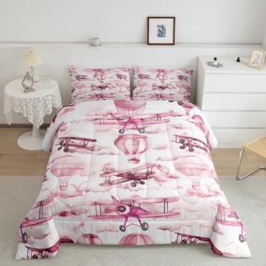Imagem de Manfei Jogo de cama solteiro com desenho animado de avião, balão de ar quente, nuvens, céu, princesa, decoração de quarto de meninas e mulheres, edredom de avião de aviação, enchimento de edredom rosa