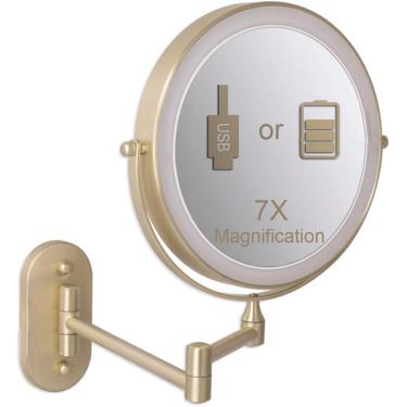 Imagem de Espelho Vity Com Luzes, Espelho Cosmético Led Com Ampliação 7x D Iluminação De 3 Cores, Espelhos De Barbear Montados Na Parede Giratórios De 360°, Espelho De Banheiro De, Battery Operated