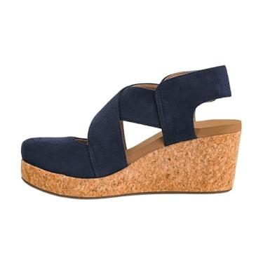 Imagem de Corkys Footwear Cunha fechada – um salto elegante de 6 cm com plataforma de 2,5 cm, bico fechado, alça cruzada, fecho de tira no tornozelo e palmilhas de EVA, Camurça sintética azul-marinho, 41