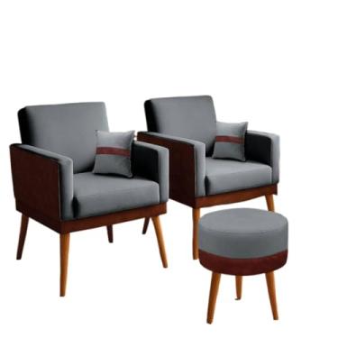 Imagem de Kit 02 Poltronas para Sala Decorativa Lis com Almofada e Puff Redondo Corino Peroba e Suede Aninha Decor (Cinza Claro)