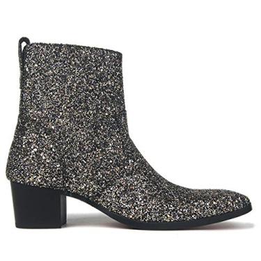 Imagem de OSSTONE Bota social masculina de couro com glitter Chukka Designer Botas casuais de salto com zíper, Prateado, preto, 45