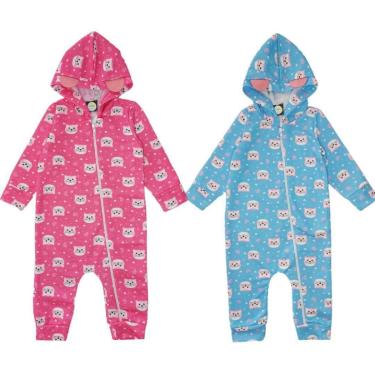 Imagem de 2 Macacão Bebê Menina Longo Inverno moletom Flanelado Punhos Ziper Capuz interativo 3D Roupa Frio-Feminino