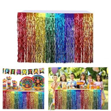 Imagem de Pacote com 2 saias de mesa com franjas metálicas onduladas de festa mexicana, decorações cinco de maio, decorações temáticas mexicanas para Taco Dia De Los Muertos, festa de aniversário, mesa, bar