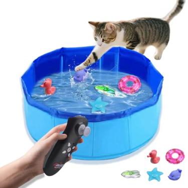 Imagem de ZIGTAIL Brinquedo de piscina para gatos com controle remoto LED barco e 4 peixes, tapete de água para gatos à prova de vazamento para gatos internos, brinquedos interativos para gatos