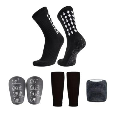 Imagem de YIJU Meias de futebol, caneleiras elásticas, conjunto prático e leve de caneleiras com mangas para homens e mulheres, basquete, caminhada, presente, Preto