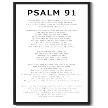 Imagem de KUVIOKE Inspirational Bible Verse Framed Wall Art Psalm 91 He Who Dwells in the Secret Place Quote Sayings Rustic Prints Office Home Ready to Hang 30.5x40.6 cm (moldura preta)