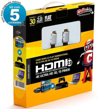 Imagem de Kit Com 5 Cabos Hdmi 2.0 Flat Desmontável,19 Pinos 4K, 30M