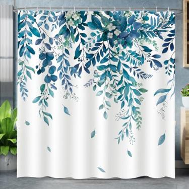Imagem de Dazzlewall Cortina de chuveiro com folhas de eucalipto, azul-petróleo, conjunto de cortina de chuveiro para decoração de banheiro, estampa de plantas botânicas para decoração de banheiro com ganchos