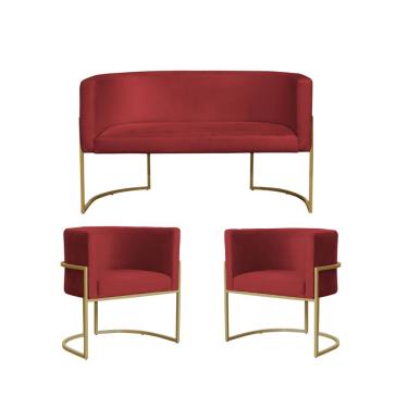 Imagem de Kit 2 Poltronas Decorativa Sala de Estar Luana + Namoradeira  Base Gold Veludo Vermelho - Montanaris Decor