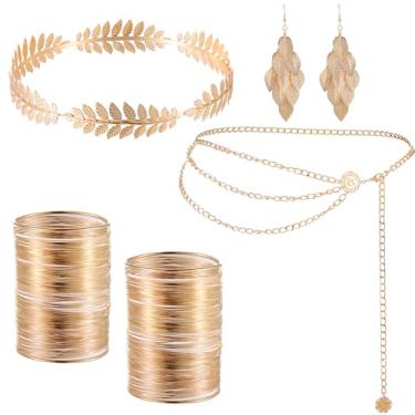 Imagem de Hinly Conjunto de 5 peças de joias de noiva deusa grega para mulheres, coroa de folha, faixa de cabeça, braço, brincos de casamento Toga Cosplay, Crown size about 7.08 X 7.08 x 1.18 inches