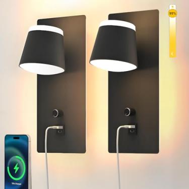 Imagem de Sytmhoe Arandelas de parede de LED modernas conjunto de dois, luzes de parede reguláveis para quarto com interruptor regulador de intensidade de luz e carregamento USB+C, lâmpada de parede de