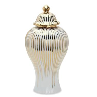 Imagem de Vaso de cerâmica de gengibre em ouro branco com tampa, vaso decorativo de cerâmica moderna de luxo para decoração de casa, pequeno