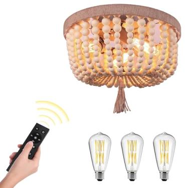 Imagem de FIRVRE Lustre de madeira, controle remoto e cores reguláveis contínuas, temperatura e brilho, luminárias de teto de cânhamo para corredor, berçário de bebê, quarto, sala de estar (3 lâmpadas incluídas