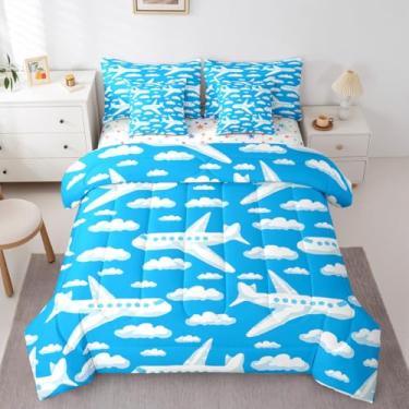 Imagem de Erosebridal Jogo de cama solteiro com desenho animado de avião, 7 peças, branco e azul, para crianças e adultos, avião voando, nuvens, edredom e lençol de cama desenhado à mão para transporte aéreo