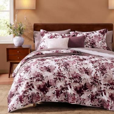 Imagem de CASAAGUSTO Conjunto de edredom King, 7 peças, estampa floral de folhas de salgueiro roxo com estampa de flores, design macio de seersucker todas as estações, conjunto de cama king size (262 x 224 cm)