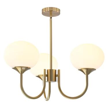 Imagem de BOKT Lustre Sputnik de meados do século moderno com 3 lâmpadas vintage de vidro de leite luz pendente grande bola branca e dourada lustre de latão escovado Sputnik luminária suspensa para quarto
