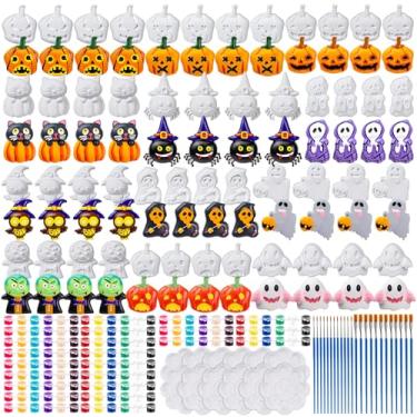 Imagem de Cerâmica de Halloween para crianças, 48 peças de artesanato fantasma de abóbora sem pintura com paleta de pincéis para meninas e meninos brinquedos
