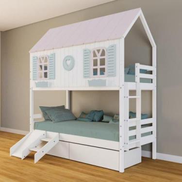 Imagem de Beliche Casinha Bela com Coração 2 Gavetas Kit Escada/Escorregador - M