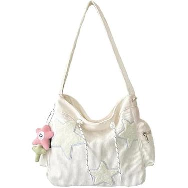 Imagem de Linda sacola feminina de veludo cotelê bolsa carteiro estética bolsa de ombro fofa bolsa hobo Y2K, Branco