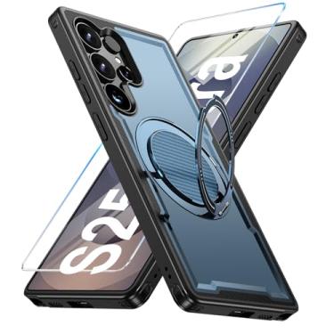 Imagem de Capa para Samsung Galaxy S25 Ultra compatível com Mag-Safe, suporte de anel giratório 360, capa com suporte magnético, capa de telefone à prova de choque de grau militar, com protetor de tela, TPU e