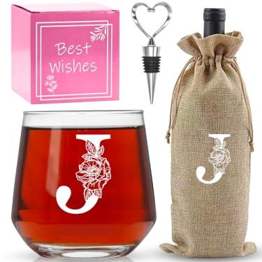 Imagem de AiHeart Presentes personalizados para mulheres, taças de vinho com monograma A-Z, presentes para mulheres, taça de vinho para caixa de presente, presentes de aniversário para mãe, irmã, avó-J