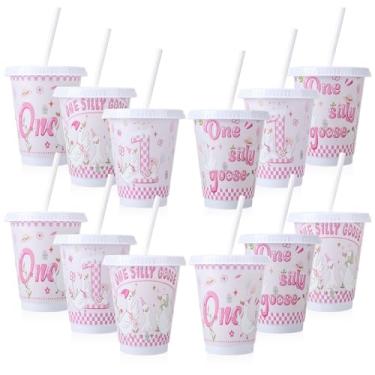 Imagem de Ovveroche 12 peças de copos de plástico para festa de ganso silly com tampas e canudos, copo fofo descartável de 473 ml para aniversário de ganso casamento festa nupcial suprimentos presentes