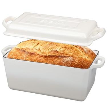 Imagem de EDGING CASTING Forno holandês de ferro fundido esmaltado, forno de pão oblongo para assar pão de fermento, assadeira, alças duplas, seguro para forno, 4 quartos, branco