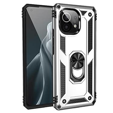 Imagem de SORAKA Capa para Xiaomi Mi 11 com suporte de anel, capa protetora para Xiaomi Mi 11, capa traseira de policarbonato rígido com placa de metal para suporte magnético de telefone e carro, prata