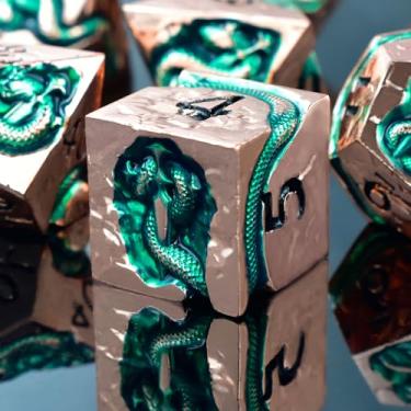Imagem de RULE DICE Serpent's Embrace Metal DND Dice Set - 7pc Polyhedral D&D Dice for TTRPGs Like Dungeons and Dragons and Pathfinder - Emerald Green Snake Design, Heavy & Balanced for Tabletop Gaming