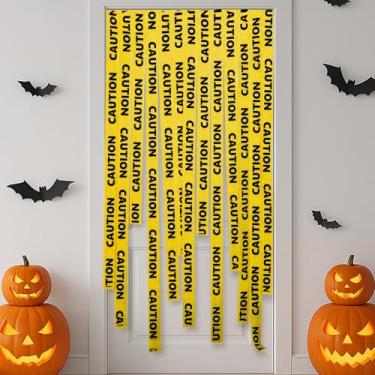 Imagem de Breling 1 cortina amarela com fita adesiva para decoração de festa de Halloween, faixa de fundo de 2 metros com fonte preta em negrito para locais de construção, materiais de áreas perigosas