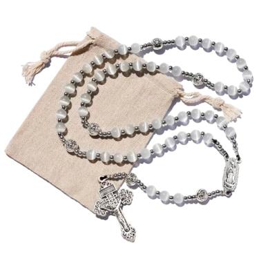 Imagem de Luomu Colar de rosário com contas de olho de gato branco de 8 mm, 66 cm, medalha religiosa e crucifixo de perdão