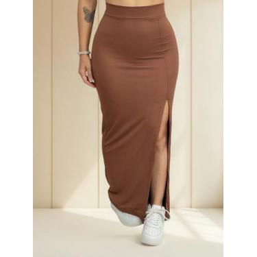 Imagem de Saia Feminina Midi Com Fenda Lateral Cintura Alta Plus Size - NoBrand,