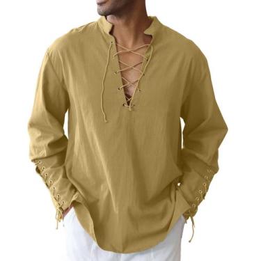 Imagem de Camisa CTU masculina de algodão e linho com cordão no braço, cáqui esc