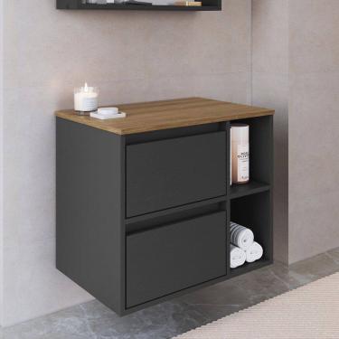 Imagem de Gabinete de Banheiro Suspenso 60cm com 2 Nichos 1 Porta Basculante e 1 Gaveta sem Cuba Mel/Grafite