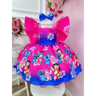 Imagem de Vestido Infantil Lilo Stitch e Angel Pink Azul com Laço para Festas - 