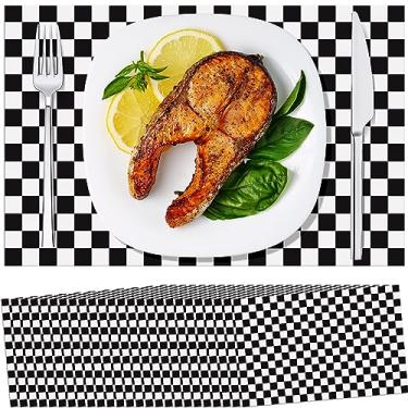 Imagem de Lincia 100 peças de jogos americanos descartáveis de papel para mesa de jantar tapete de mesa de papel Buffalo Check Placemats para festas casamentos decorações de mesa de jantar, 28 cm x 43 cm (bandeira quadriculada preta e branca)