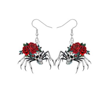 Imagem de Brincos pendentes de aranha de caveira de terror de acrílico para mulheres, aranha gótica assustadora com rosa peculiar acessórios de bijuteria de Halloween, Medium, Acrílico Aço inoxidável, Sem pedra