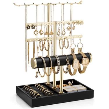Imagem de Vlando Organizador de joias de 3 camadas com alcatrão, suporte de joias de couro para mulheres, expositor de joias de ouro para colar, brinco, pulseira, anéis - preto