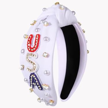 Imagem de Bandanas femininas de 4 de julho, acessórios de 4 de julho, faixas de cabelo patrióticas com bandeira americana, faixas de cabelo com nó de pérola de strass, contas enfeitadas, acessórios de cabelo