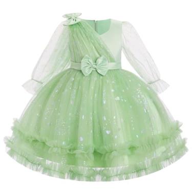 Imagem de OBEEII Vestido de concurso infantil para meninas, manga comprida, glitter, coração, tule, tutu, casamento, florista, laço, festa de aniversário, batismo, sessão de fotos, formal, vestido de formatura
